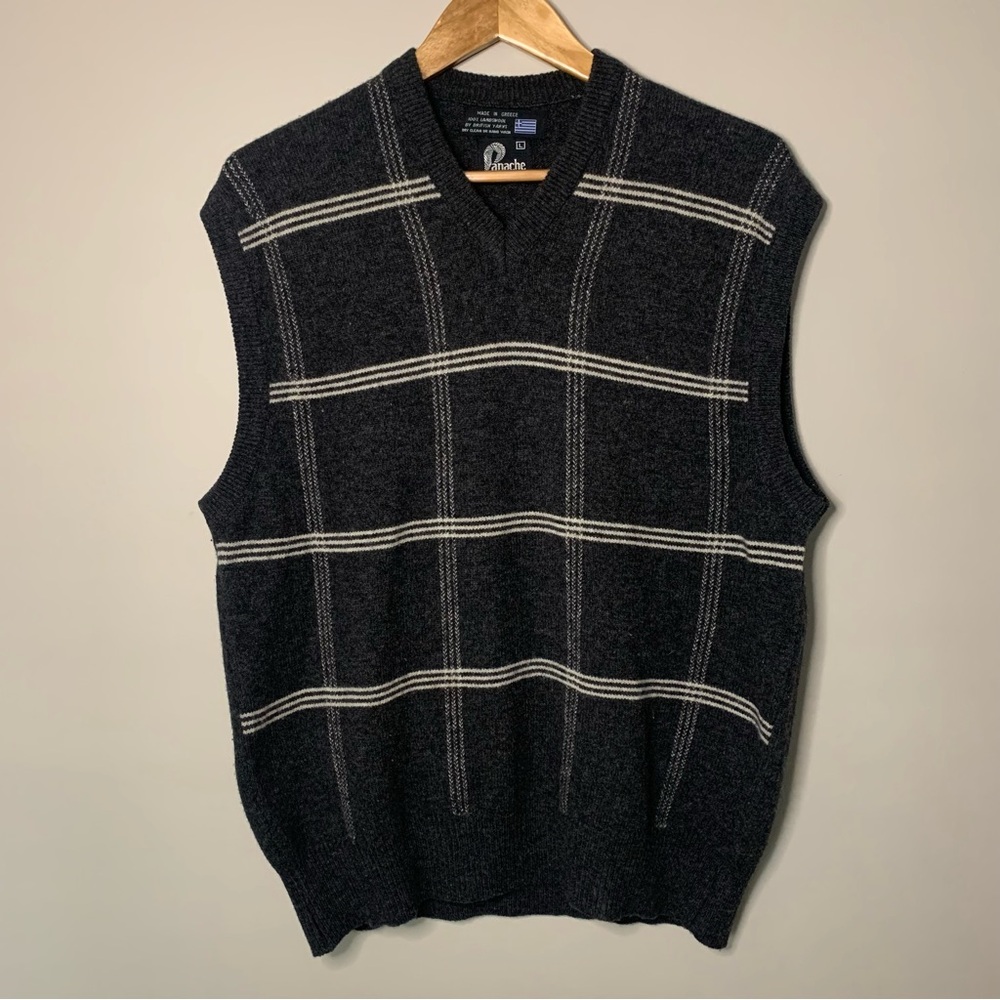 Men’s Panache Sweater Vest Lambswool Gray With Off White Windowpane Plaid Large